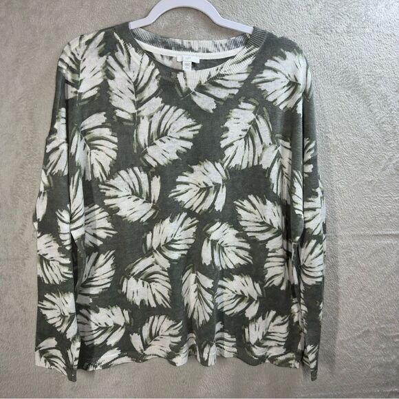 J. Jill Olive Green Palm Leaf Linen Modal Blend Lightweight Sweater Boxy Size LP - Picture 1 of 8